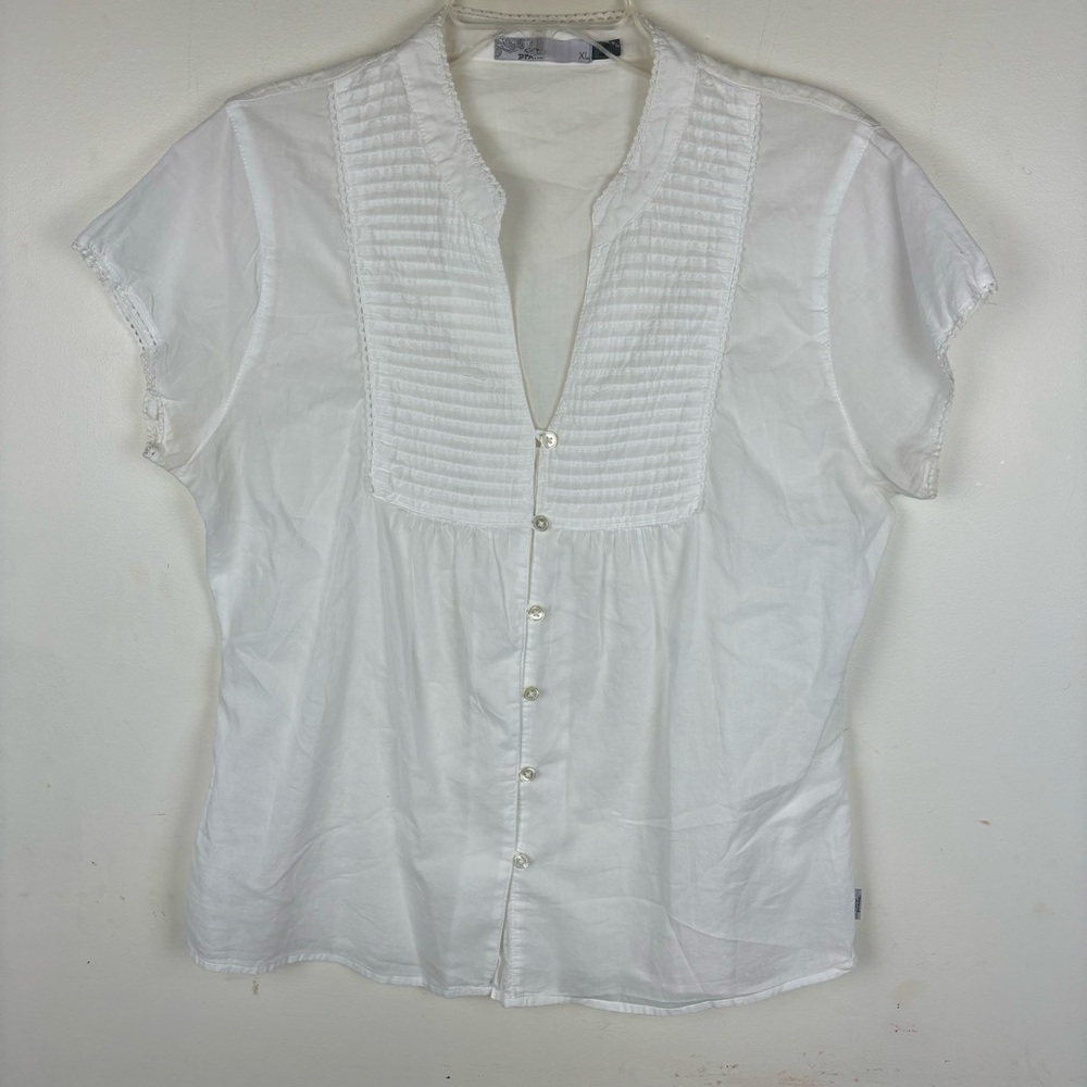 Prana White Pleated front Button-Up Blouse/cap sleeve-woman’s XL